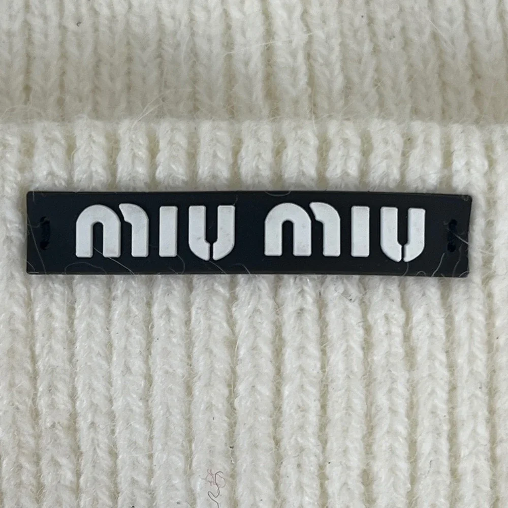 Miu Miu Cream White Ribbed Mohair Blend Beanie Logo Patch Made in Italy Hat